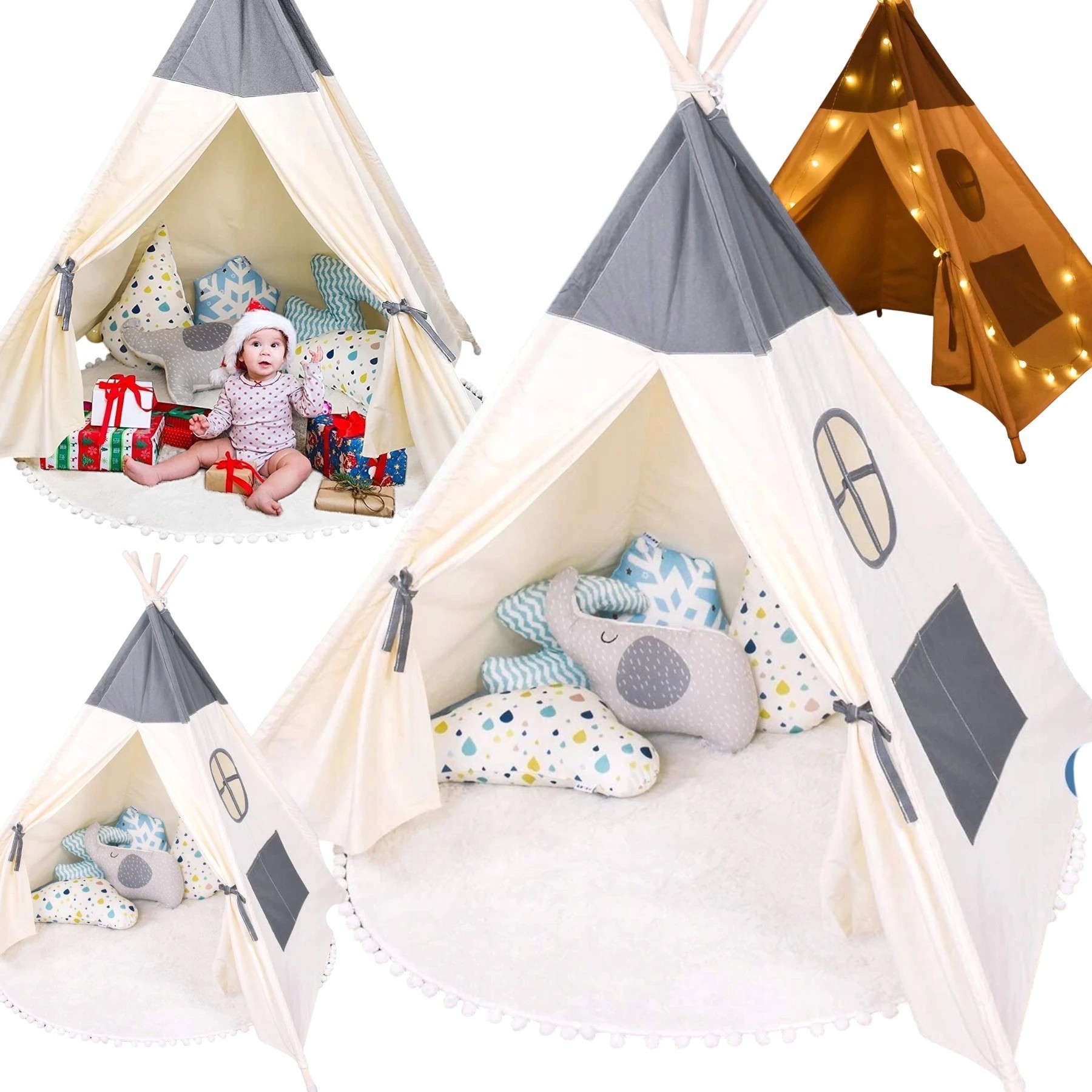 Detský stan Tipi Wigwam so stabilnou základňou + mäkká podložka + LED svetlá